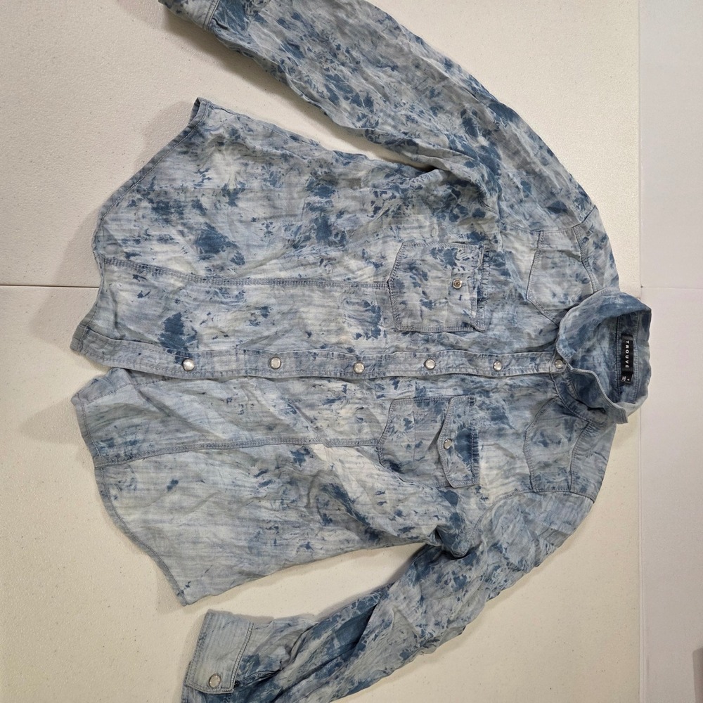 Trouve Blue Acid Wash Tie Dye Western Pearl Snap Button Down Shirt Womens Medium